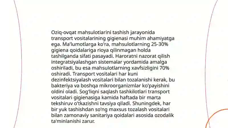 Oziq-ovqat mahsulotlarini tashish qabul qilish va saqlashga doir gigienik talablar 3