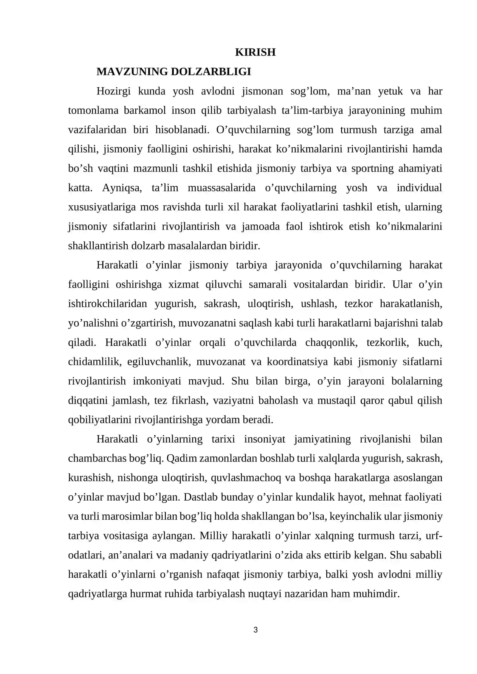 Harakatli o’yinlarni qisqacha tarixi, turkumlari va pedagogik ahamiyati. Harakatli o’yinlarni tashkil qilish va o’tkazish. 3