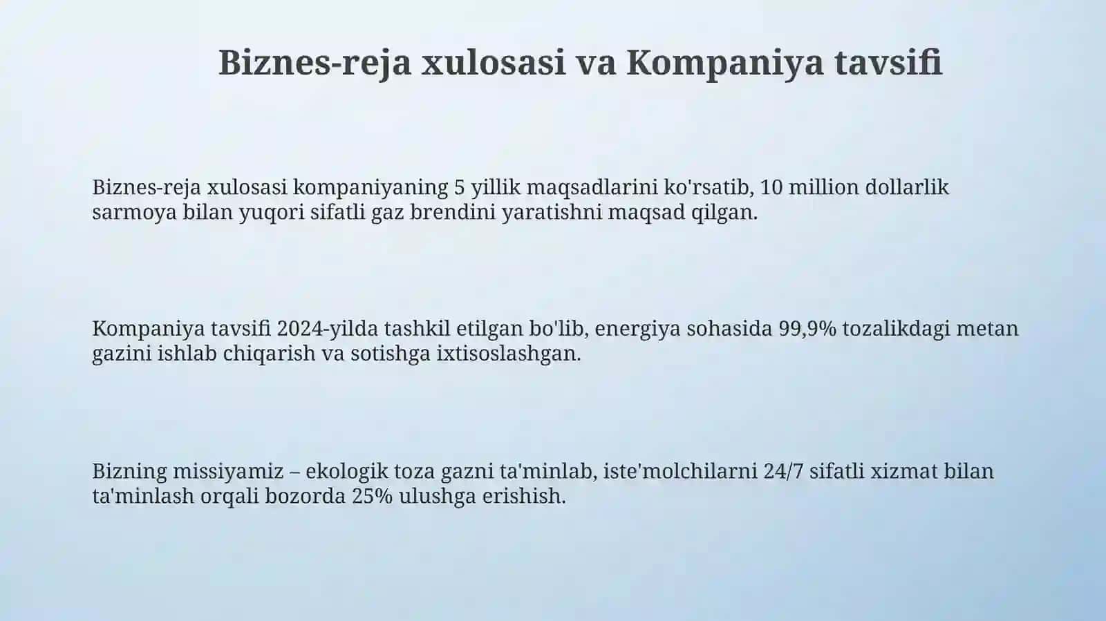 Biznes-reja yaratish. Eng sifatli gaz markasini yaratish 3