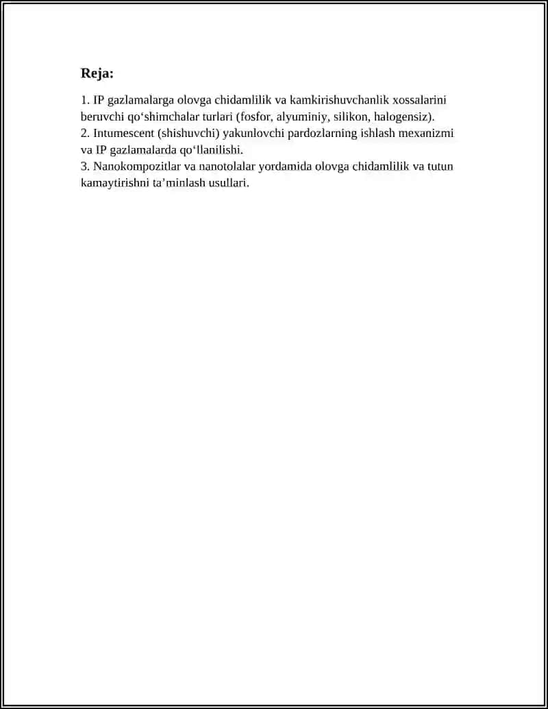 IP gazlamalarga chidamlilik va kamkirishuvchanlik xossalarini beruvchi qoʻshimchalar 3