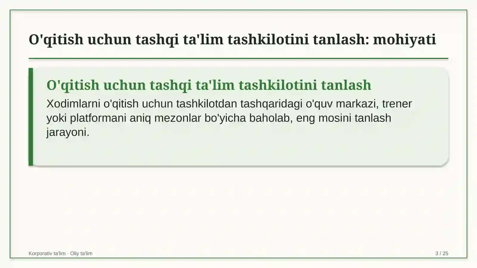 boshqaruv servis kompaniyalarida o'qitish uchun tashqi ta'lim tashkilotlarini tanlash 9074 3