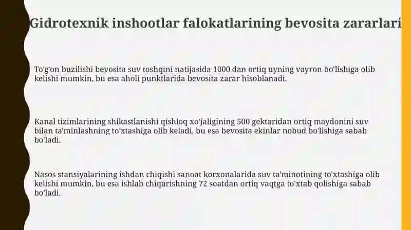 Gidrotrxnika inshoatlarining falokati natijasida bo'lishi mumkin bilvosita va bevosita zararlari 3