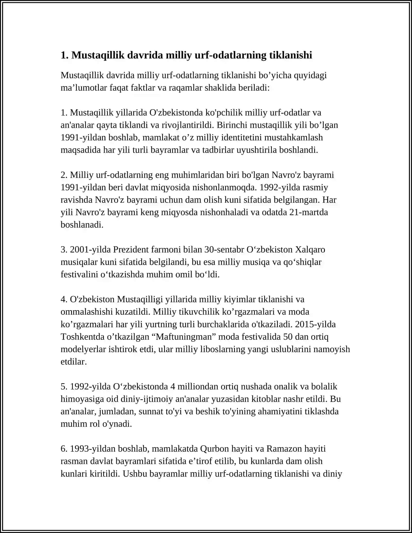 MUSTAQILLIK YILLARIDA OʻZBEKISTONDA MILLIY URF-ODATLAR, QADRIYATLAR VA AN'ANALARNING QAYTA TIKLANISHI 3