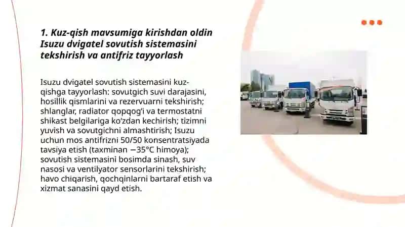 Isuzu rusumli yong'in o'chirish avtomobillarini kuz qish mavsumiga tayyorlashda amalga oshiriladigan ishlar hamda moylash nuqtalariga oʻz vaqtida xizmat koʻrsatishning avzalliklari 3