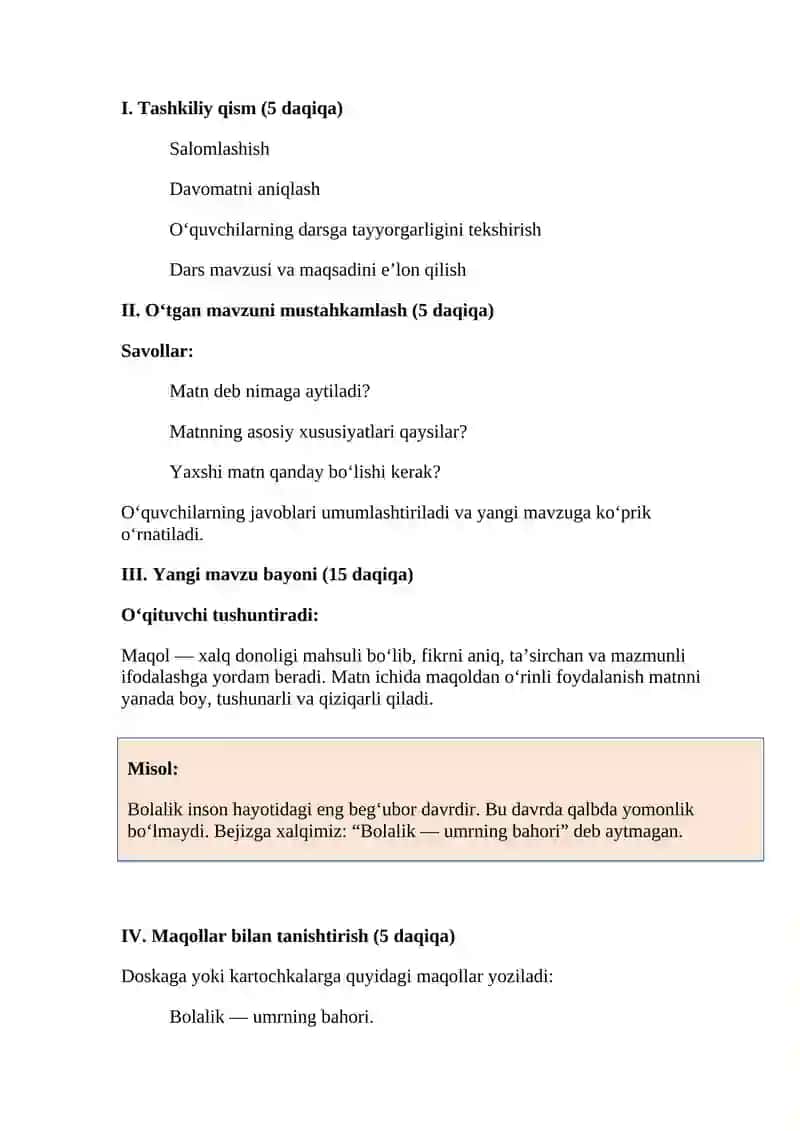 DARS ISHLANMA  ONA TILI 5 SINF   Matnni maqollar bilan boyita olish. “Bolalik dunyosi – beg‘ubor dunyo” mavzusida matn yozish 3
