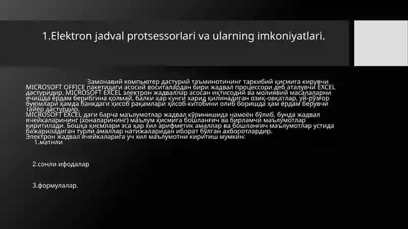 Elektron jadval protsessorlari va ularning iqtisodiy masalalarni yechish 3