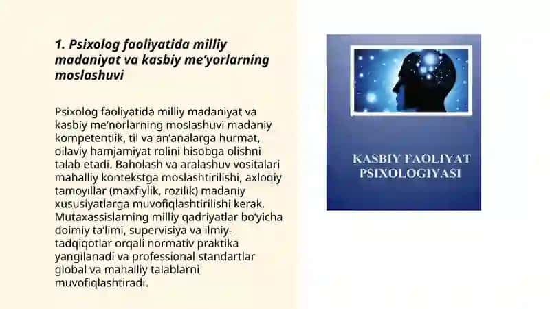 Psixolog faoliyatini etnik muammosi kasbiy meʼyorlarining oʻziga xosligi MT.PSX-AU-25 3