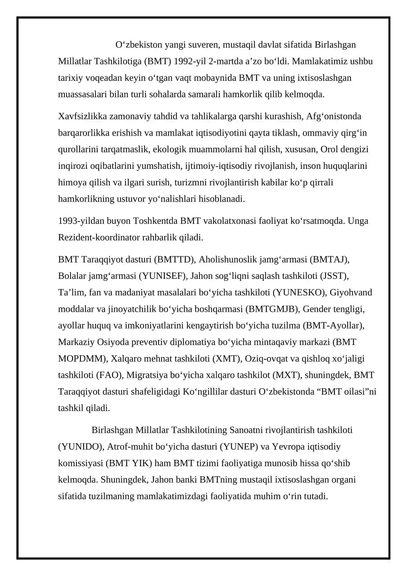 O’zbekistonning Xalqaro Tashkilotlar Bilan Hamkorlik Referati 3