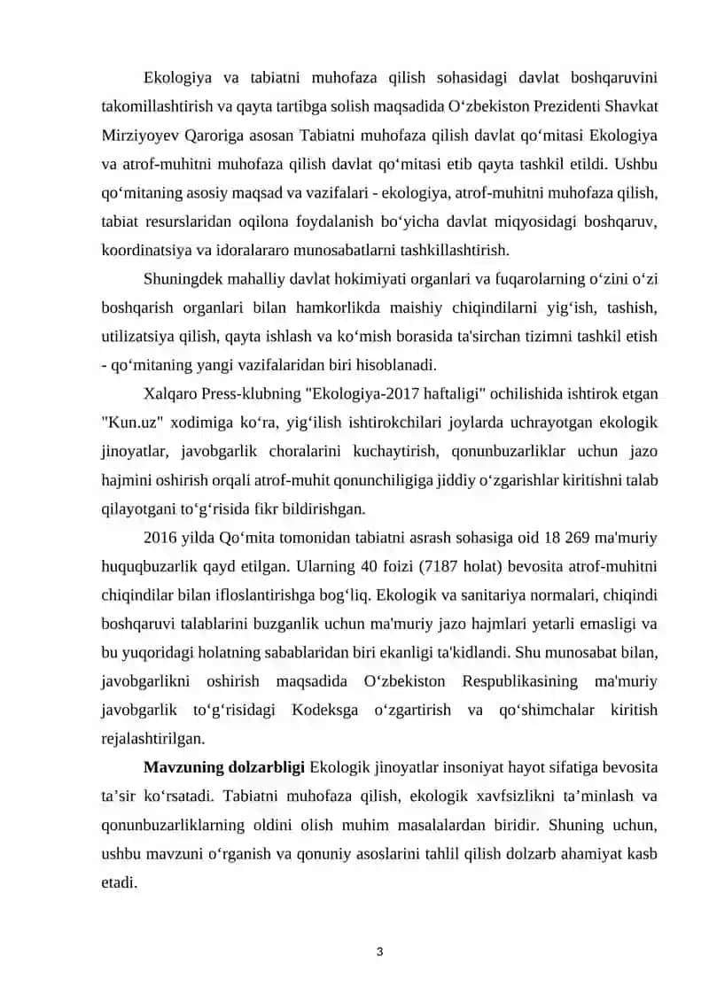 O‘ZBEKISTON RESPUBLIKASIDA EKOLOGIK JINOYATLAR UCHUN JINOIY JAVOBGARLIK 3