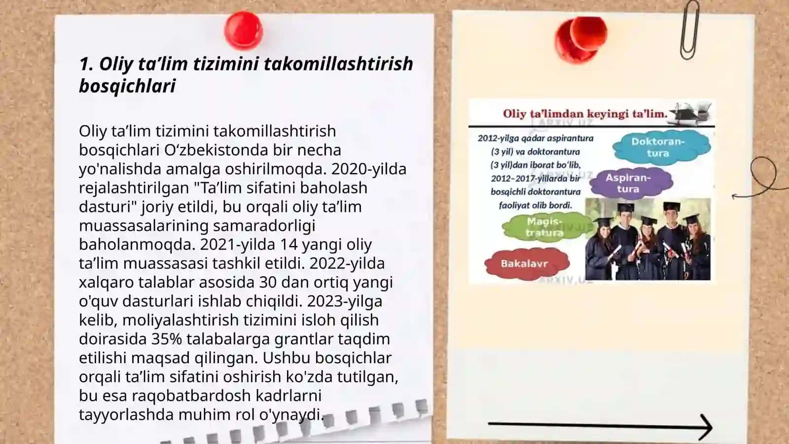 Oʻzbekiston tarixi: Oliy taʼlim va undan keyingi taʼlimning takomillashtirilishi 3
