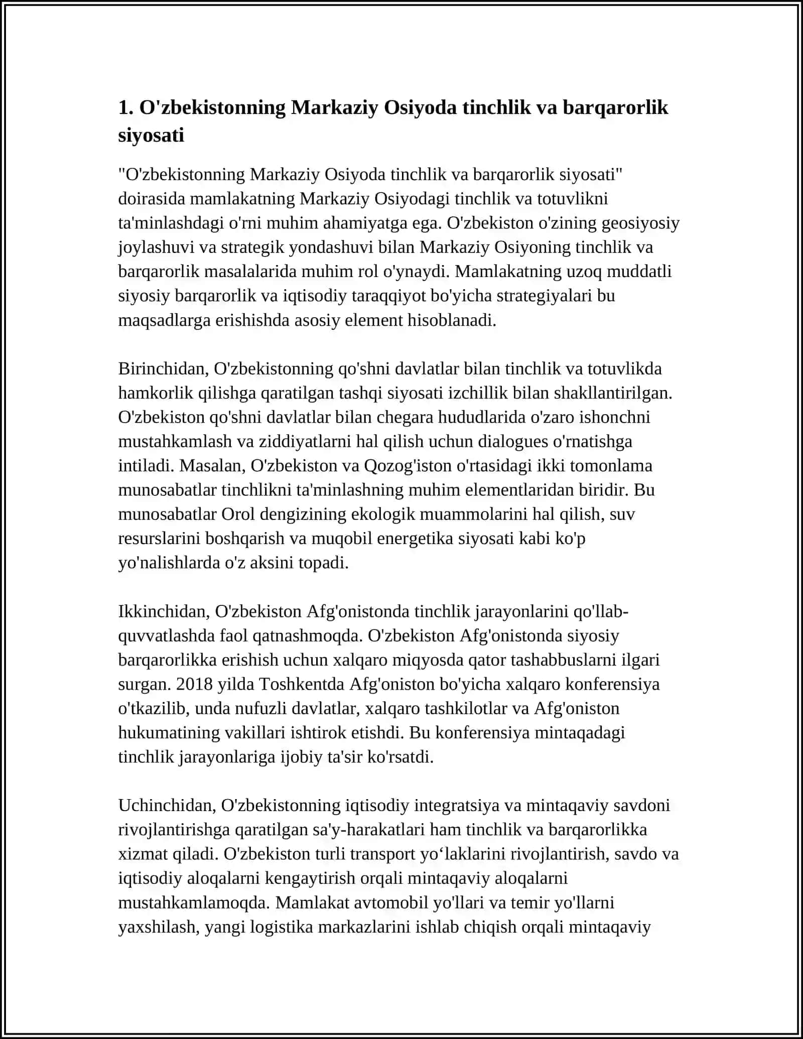 O'ZBEKISTONNING MARKAZIY OSIYODA TINCHLIK VA TOTUVLIKNI TAMINLASHDAGI O'RNI 3