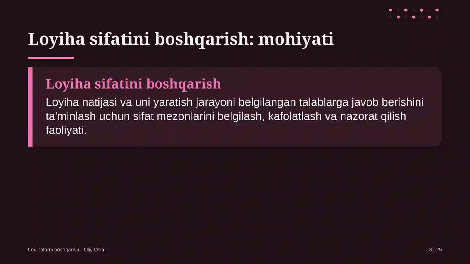 Loyihalarni boshqarish · Oliy ta'lim 3