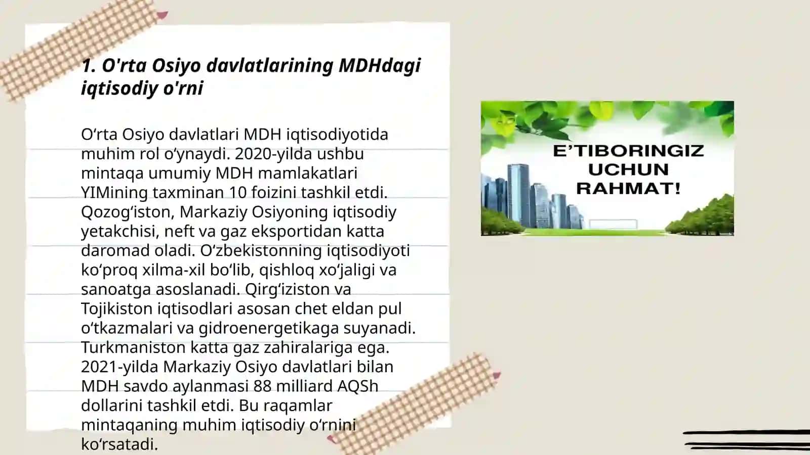 O'rta Osiyo davlatlarining MDH va umumjahon mehnat taqsimotida tutgan o'rni va ular o'rtasida iqtisodiy aloqalarning rivojlanishi 3