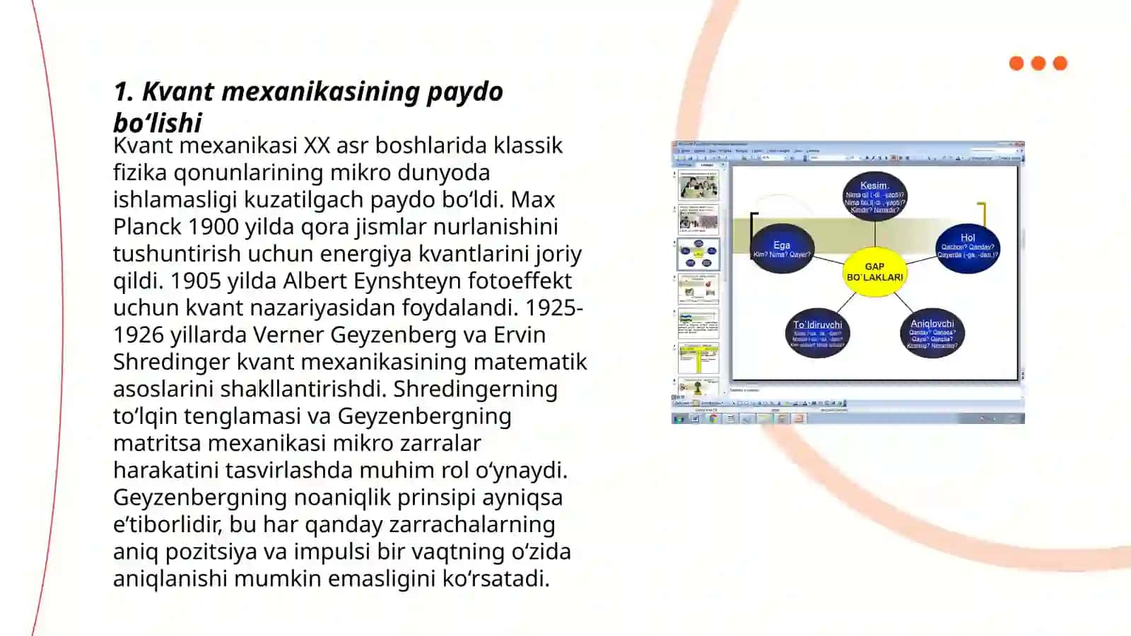 Kvant mexanikasining boshlanishi. Kvant sonlarining toʻlqin funksiyasini aniqlovchi parametrlar ekanligi 3