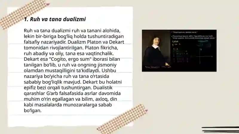 Jahon falsafasida Rene Dekartning ruh va tana muammosining tutgan o'rni.,,Yengil yomg'ir yog'adi" asari. 3