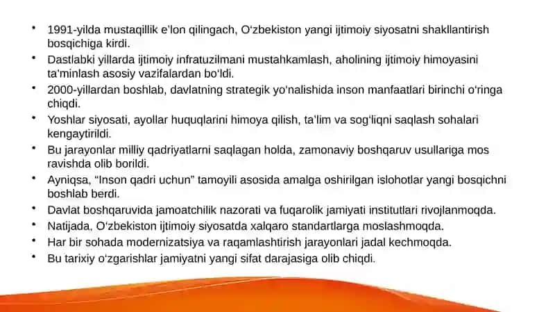 Oʻzbekistonda ijtimoiy sohada amalga oshirilayotgan oʻzgarishlar 3