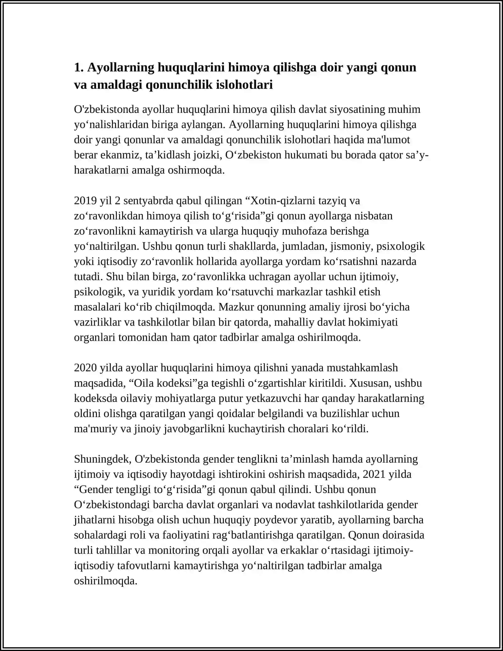 O'ZBEKISTONDA AYOLLAR HUQUQLARIDA HIMOYA QILISHDAGI HUKUMAT OLIB BORAYOTGAN ISLOHOTLAR 3