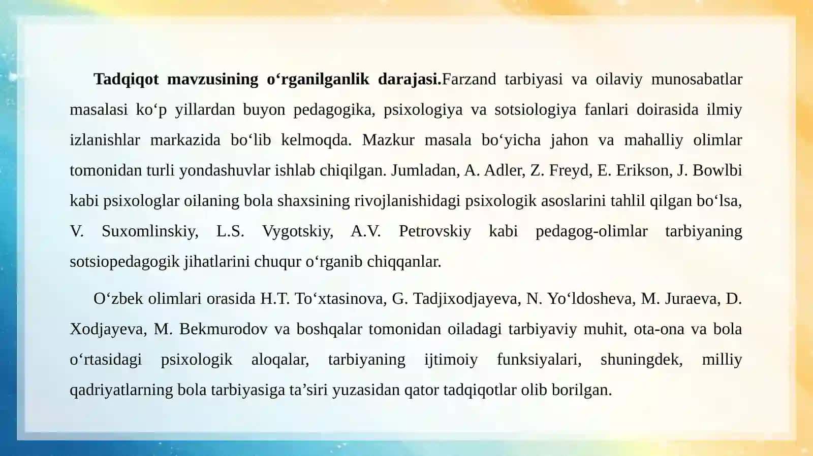 "FARZAND TARBIYASIDA OILAVIY MUNOSABATLAR VA TARBIYANING IJTIMOIY-PSIXOLOGIK XUSUIYATLARI" BITIRUV MАLАKАVIY ISHI 3