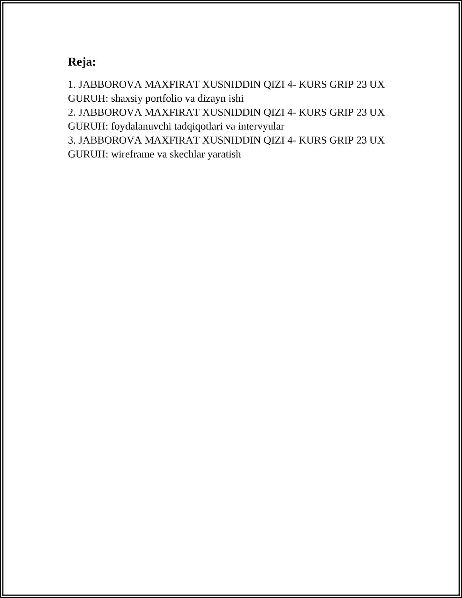 JABBOROVA MAXFIRAT XUSNIDDIN QIZI 4- KURS GRIP 23 UX GURUH 3