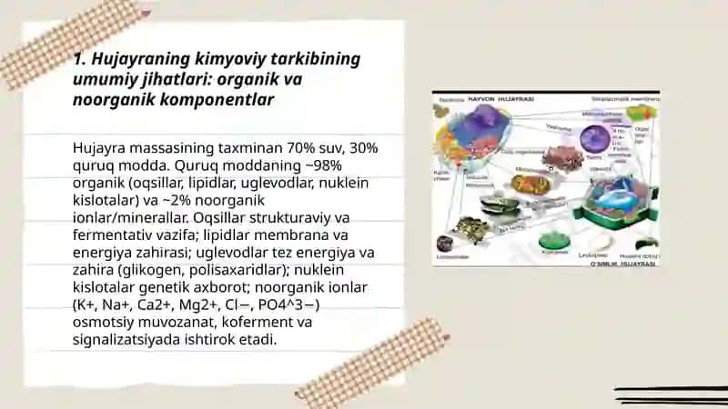 Hujayraning kimyoviy tarkibi. Asosiy zahira moddalari va ularning metabalizmdagi roʻli 3