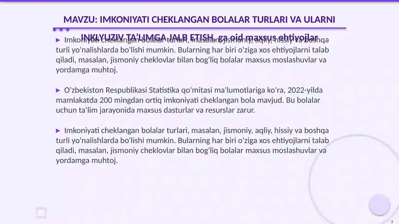 IMKONIYATI CHEKLANGAN BOLALAR TURLARI VA ULARNI INKLYUZIV TA’LIMGA JALB ETISH 3