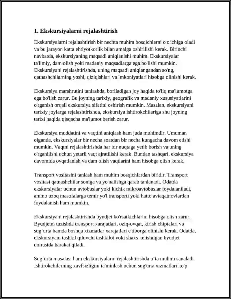 MUSTAQIL ISH Mavzu: EKSKURSIYA XIZMATLARINI TASHKIL ETISH 3