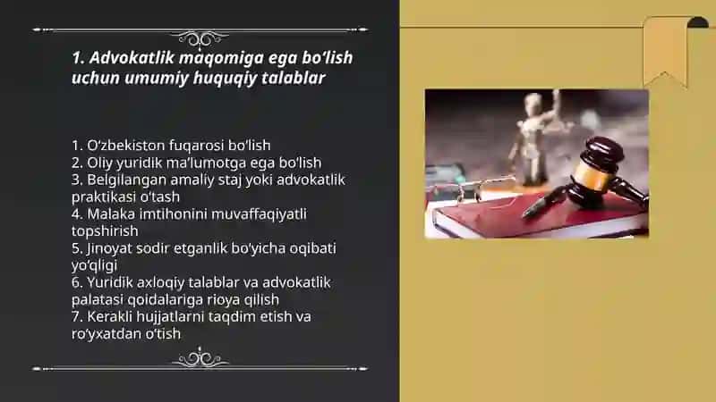 Advokatlik maqomiga ega boʻlish, advokatlik maqomini toʻxtatib turish va tugatish asoslari 3