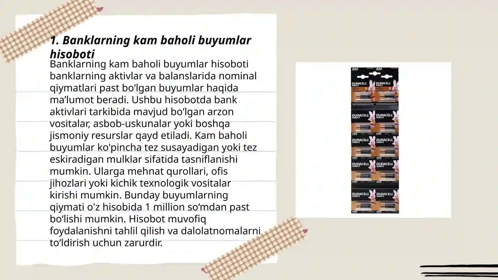 Banklarda kam baholi va tez eskiruvchi buyumlar hamda boshqa material zahiralar hisobi 3