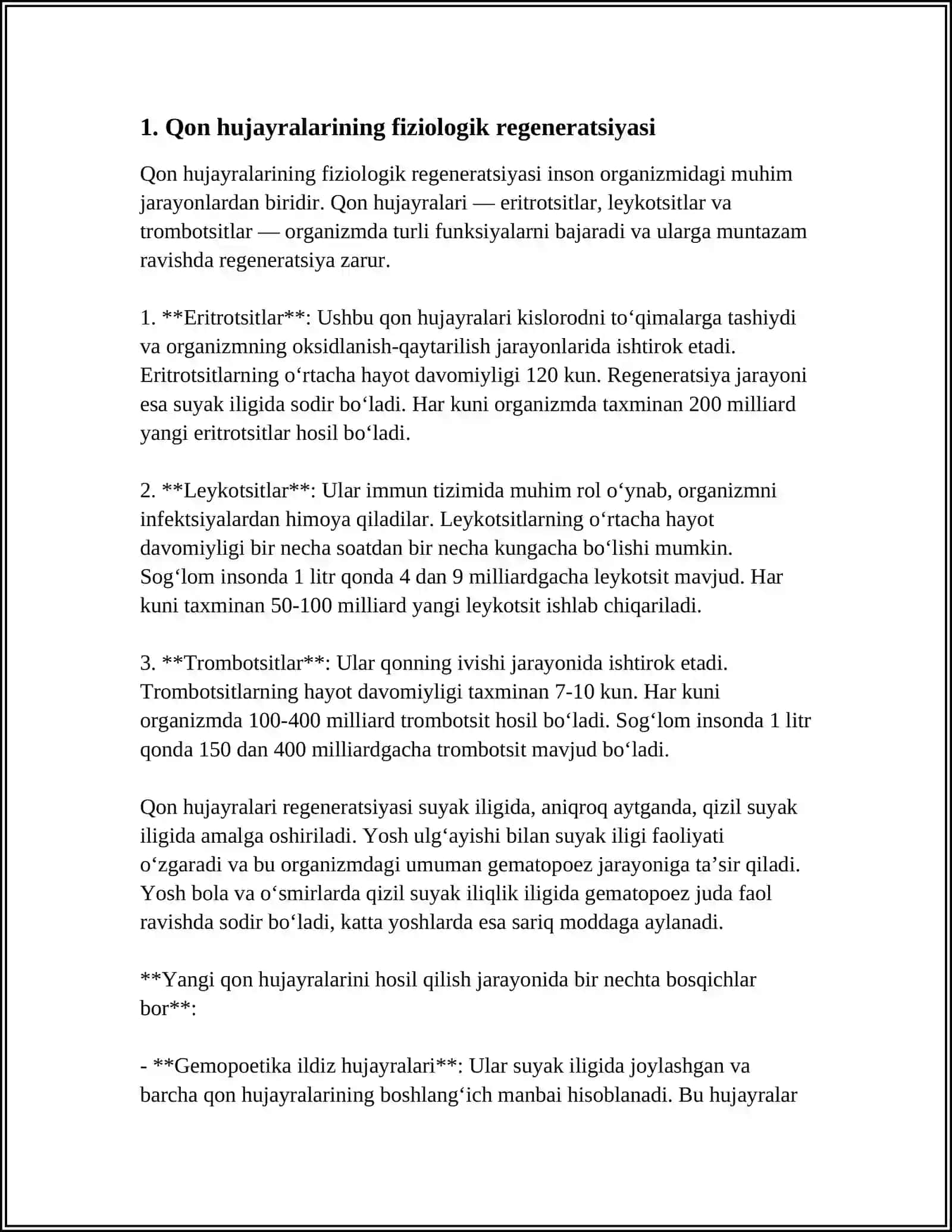 QON HUJAYRALARI FIZIOLOGIK VA REPERATIV REGENERATSIYASI MEXANIZMLARI. QON SHAKLLI ELEMENTLARINING OZARO TASIRIDA GUMORAL OMILNING ROLI 3