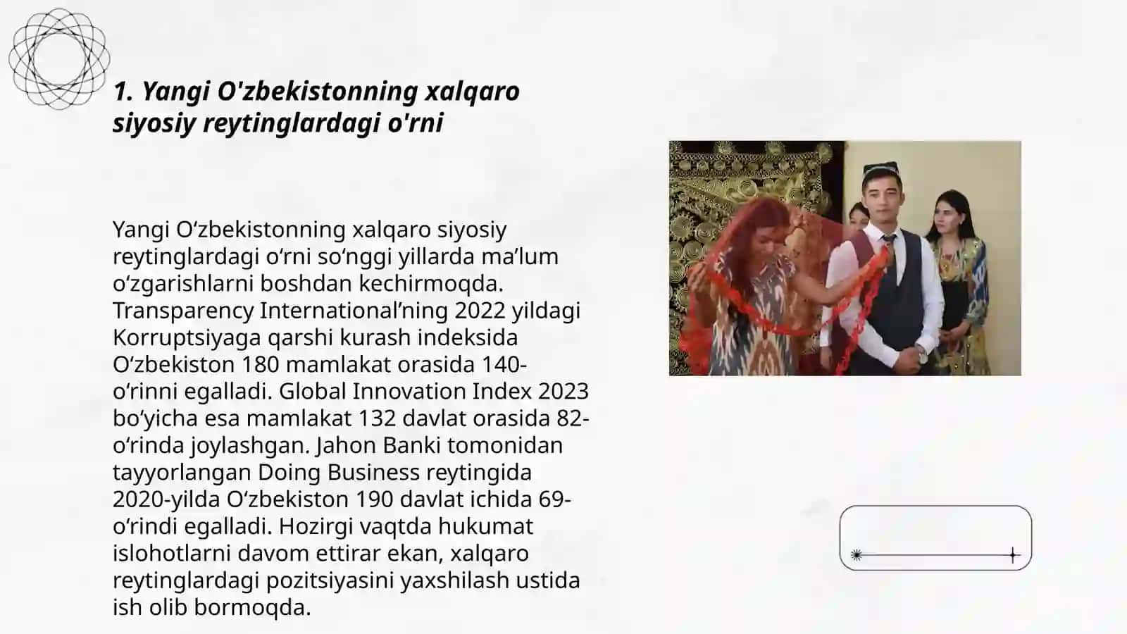 O'zbekiston va jahon hamjamiyati. Yangi O'zbekiston ijtimoiy-siyosiy, iqtisodiy va madaniy hayotida ro'y berayotgan o'zgarishlarning xalqaro reyting va indekslarida aks etishi 3