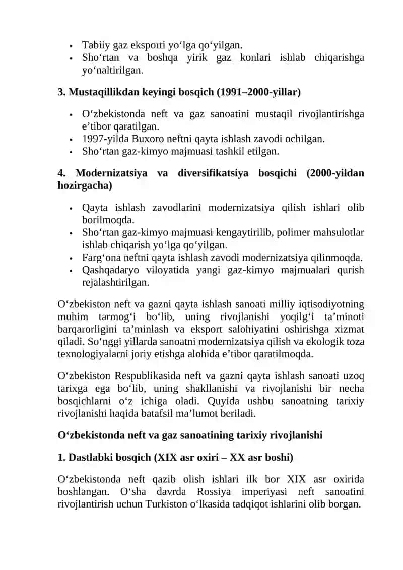 Respublikamizdagi neft va gazni qayta ishlash sanoat korxonalari, ularning rivojlanish bosqichlari 3