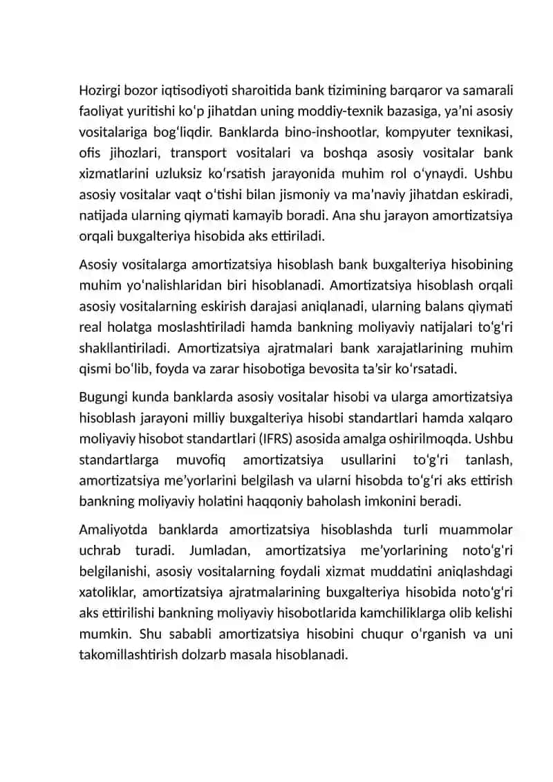 Banklarda asosiy vositalarga amortizatsiya hisoblash va uning hisobi 3