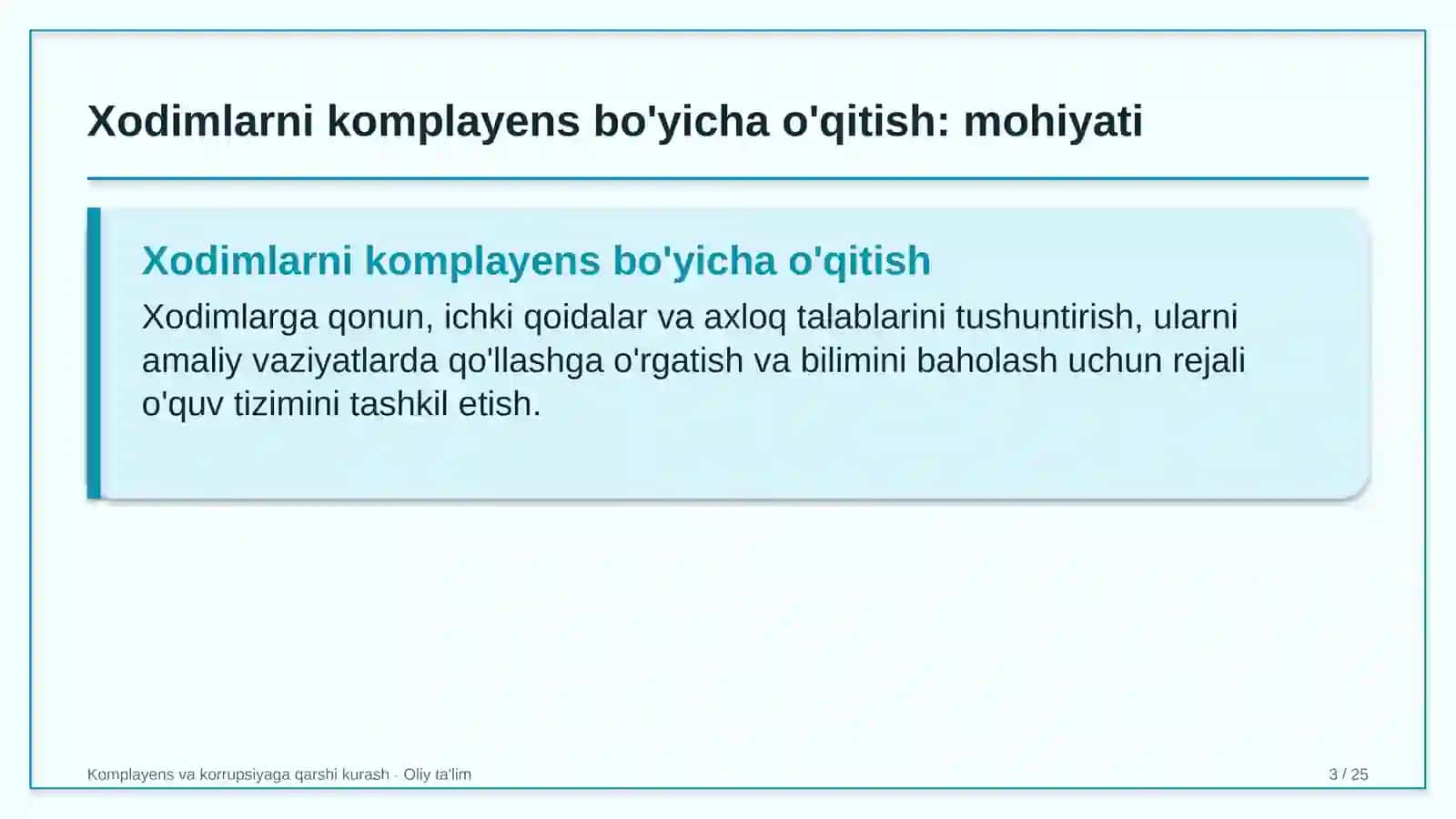 Komplayens va korrupsiyaga qarshi kurash · Oliy ta'lim 3