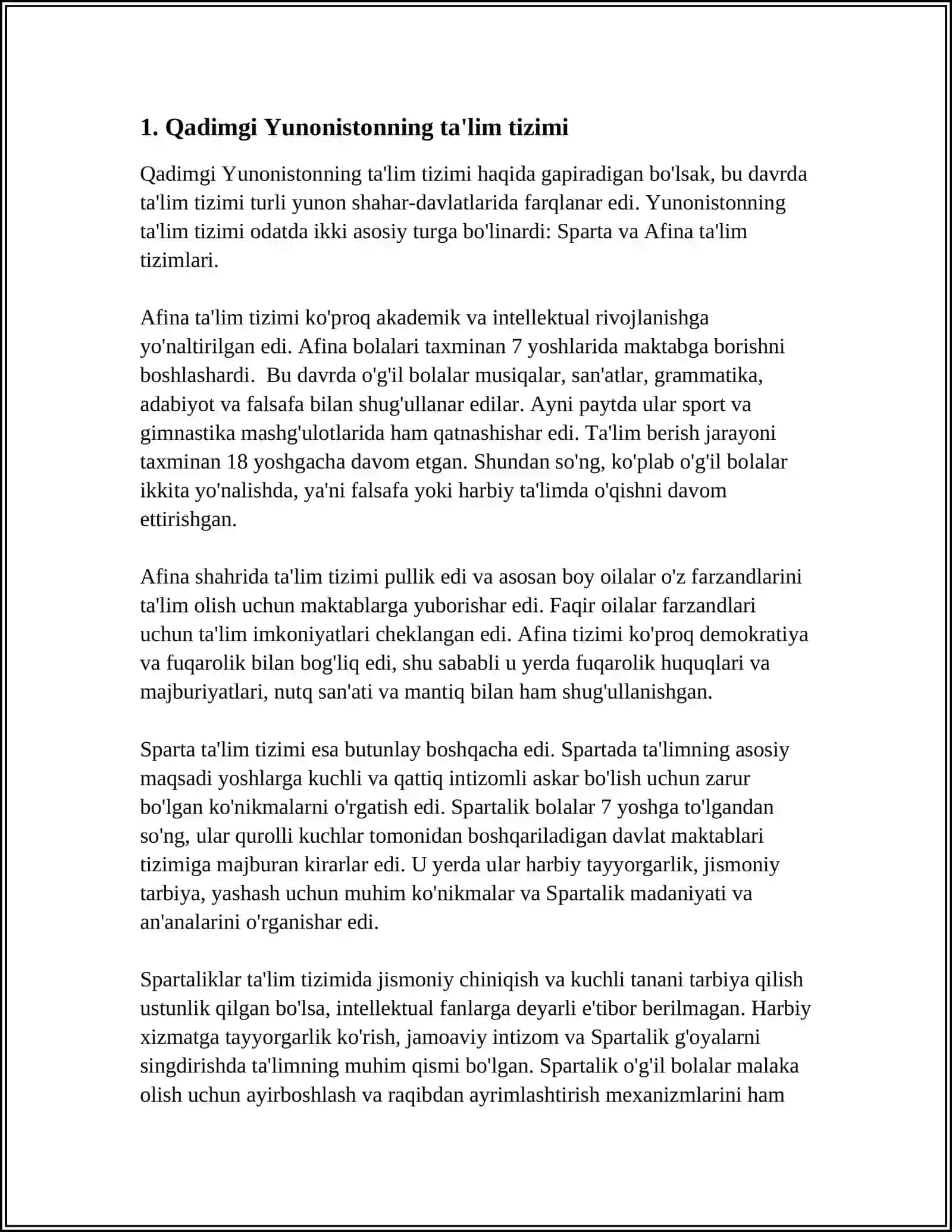 QADIMGI YUNONISTON, SPARTA VA AFINADA, MARKAZIY OSIYODA TA'LIM VA PEDAGOGIK FIKRLAR 3