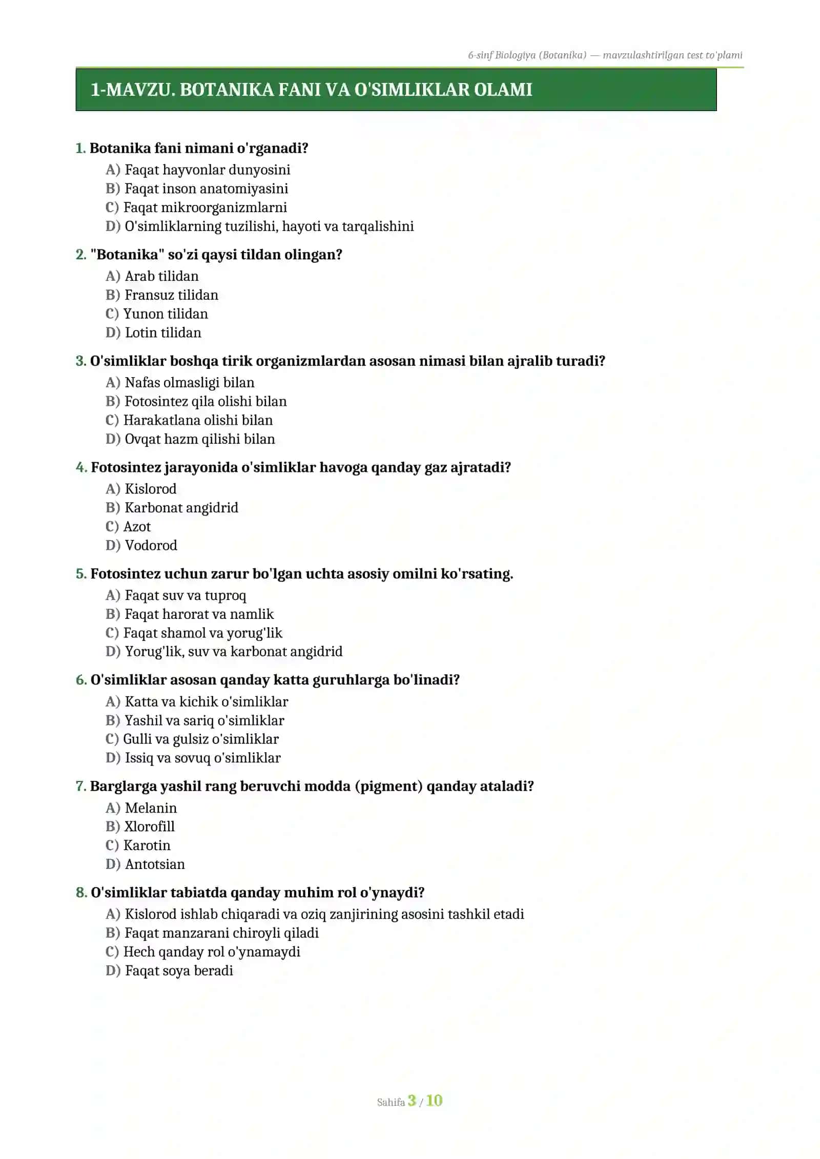 6-SINF BIOLOGIYA (BOTANIKA) — MAVZULASHTIRILGAN TEST TO'PLAMI 2026 (56 savol, javoblari bilan) 3
