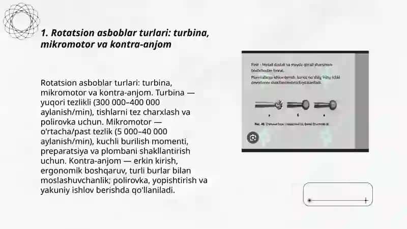 Tishlarni charxlash uchun ishlatiladigan rotatsion asboblar. Borlar Plombaga yakuniy ishlov berish uchun ishlatiladigan asboblar va ashyolar 3