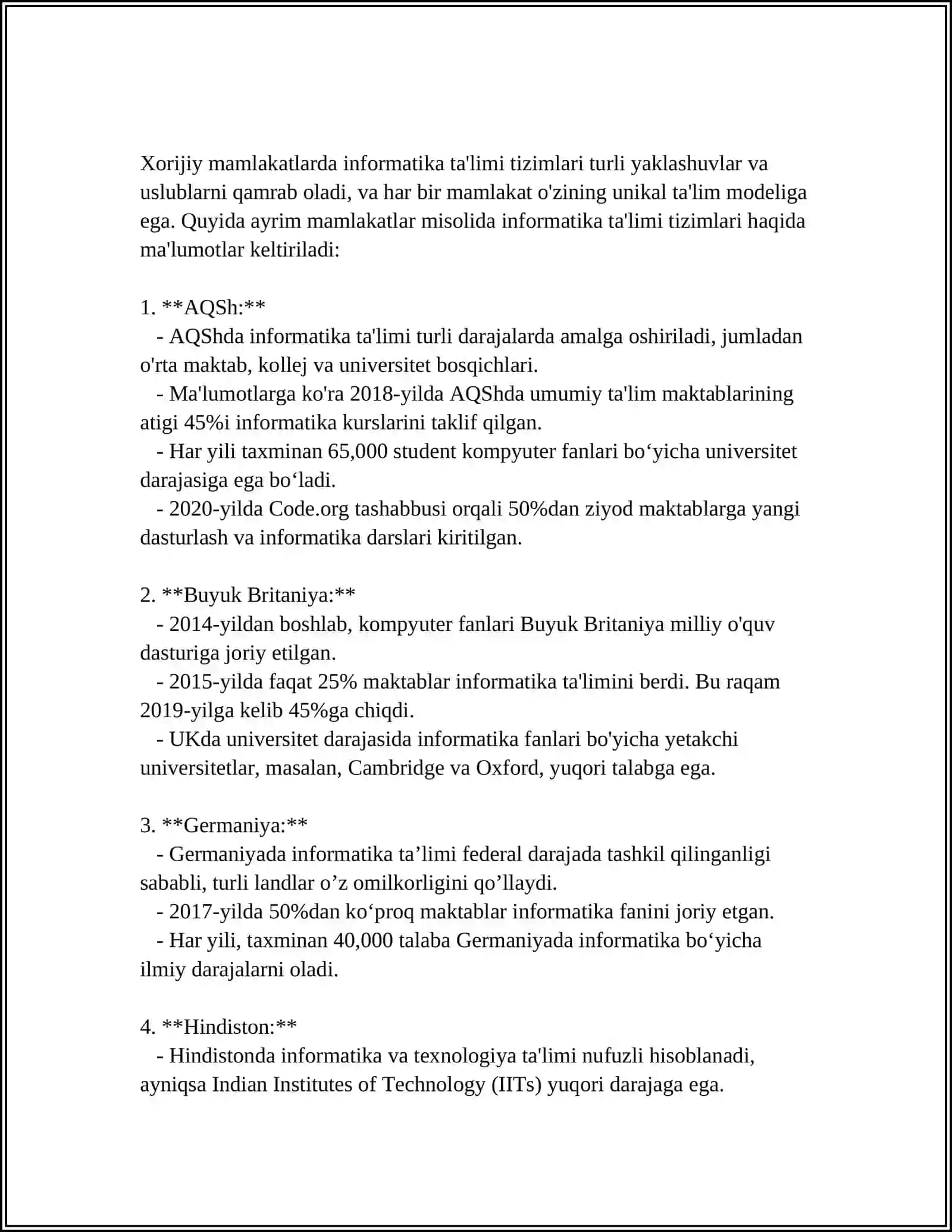 Xorijiy mamlakatlarda informatika ta'limining tahlilini o'tkazish 3