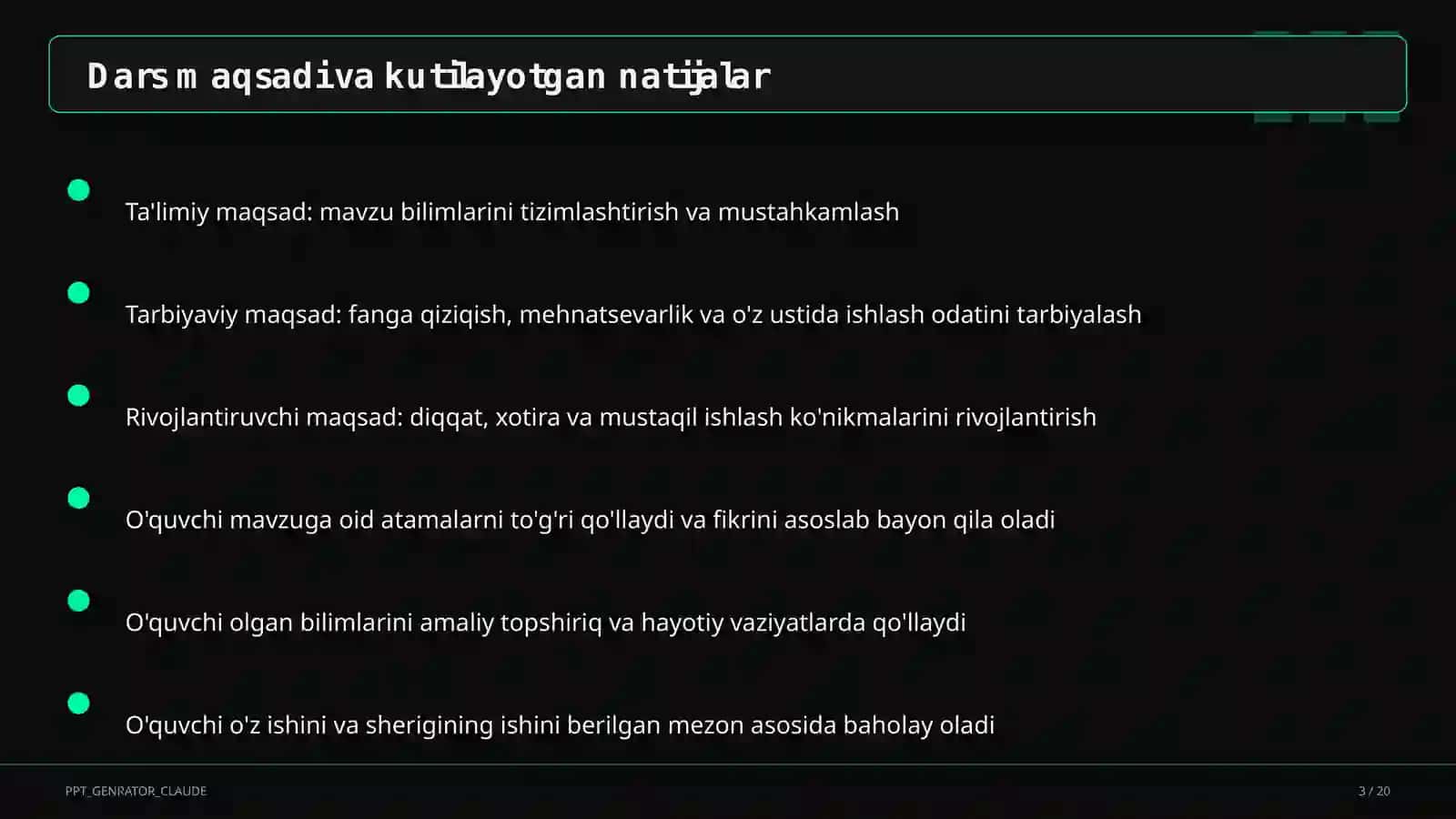 Dars tahlili: kuzatuv va baholash mezonlari 3