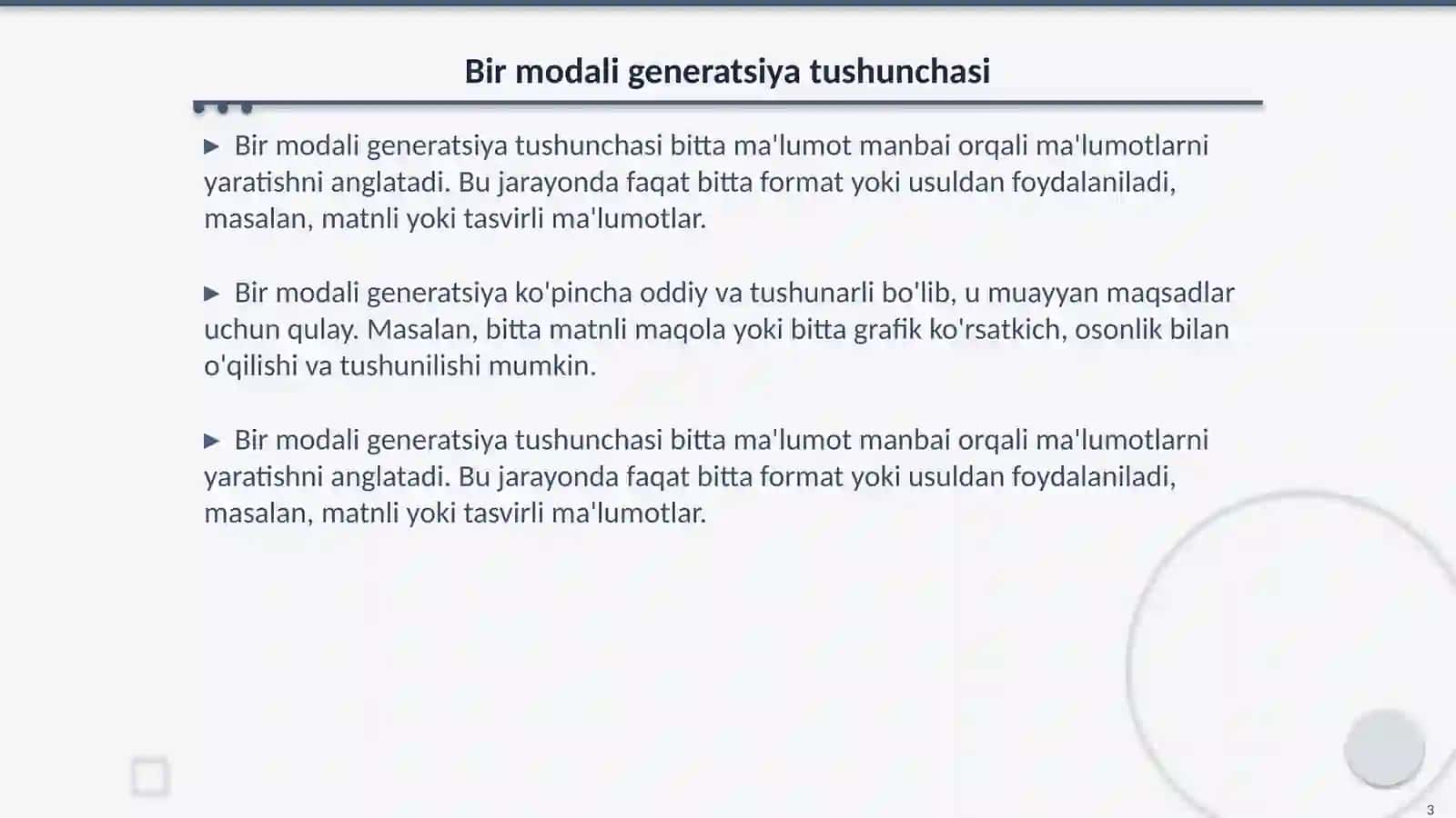 Bir modali va koʻp modali generatsiya shartlari 3