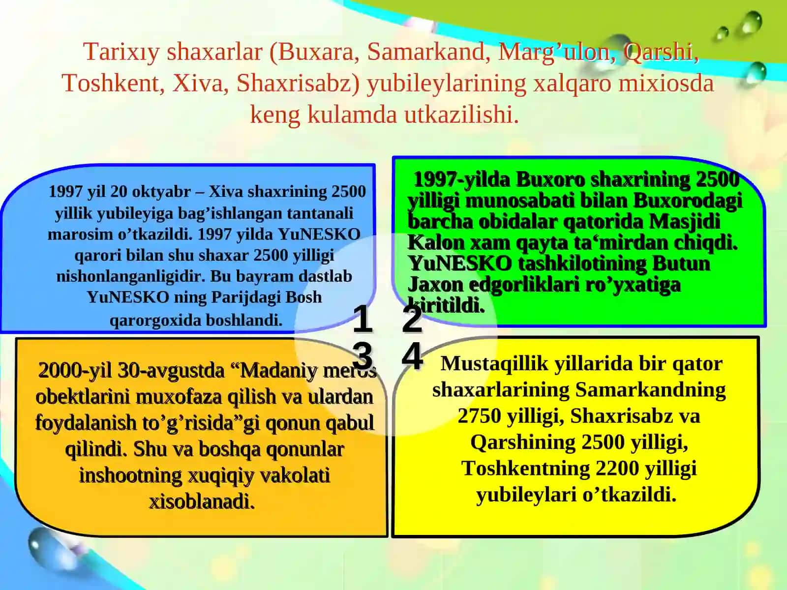 Tarixıy shaxarlar yubileylarining xalqaro mixiosda keng kulamda utkazilishi 3