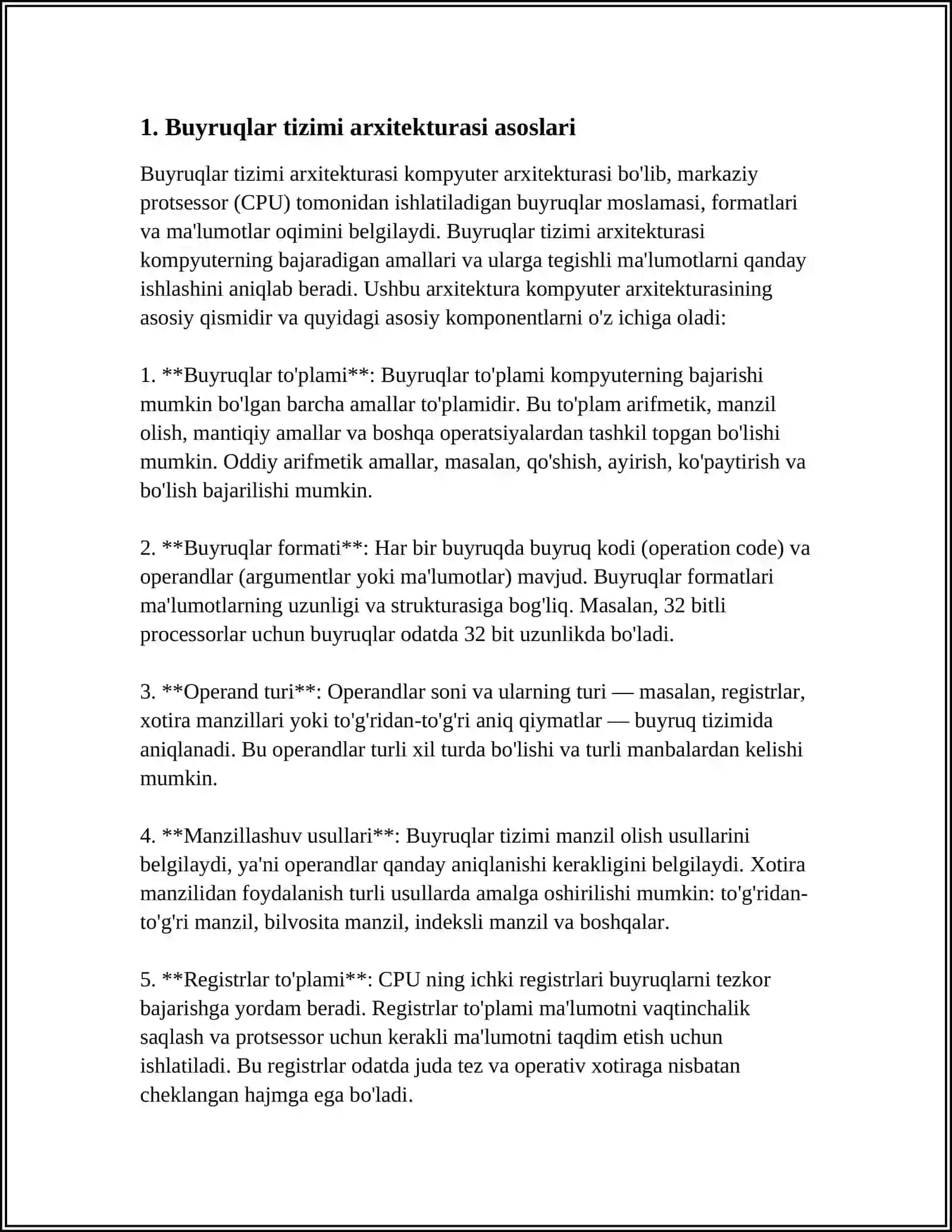 BUYRUQLAR TIZIMI ARXITEKTURASI: BUYRUQLAR OQIMINI BOSHQARISH, UZILISH REJIMI, UZILISHNI QAYTA ISHLASH ALGORITMLARI 3