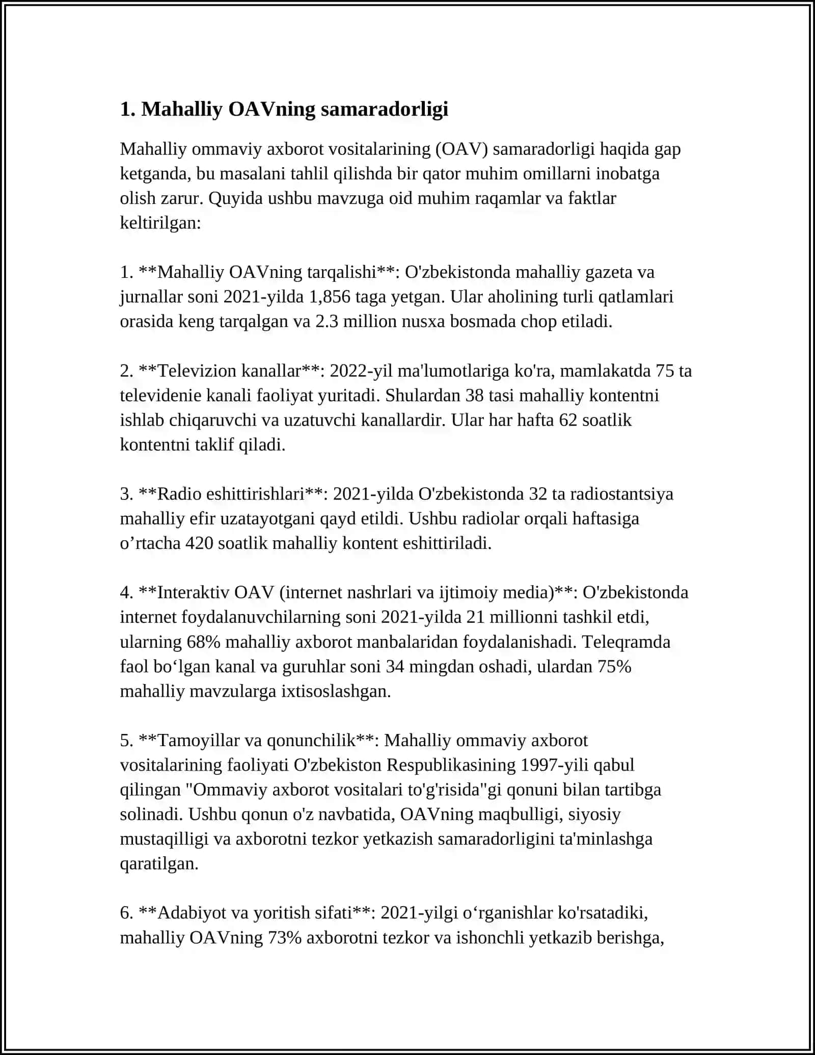 MAHALLIY VA JAHON OAV TELEDASTURLARIDAN BIRINI TAQQOSLAB,TAHLIL QILISH 3