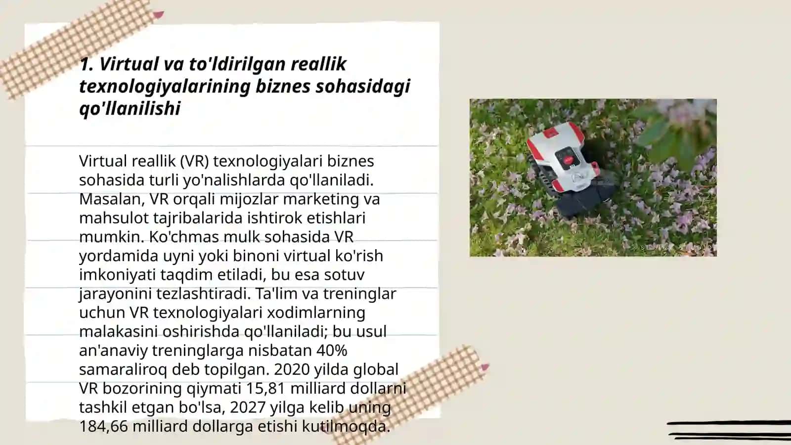 Virtual va to'ldirilgan reallik texnologiyalari. Innovatsion biznesda robot texnikalaridan samarali foydalanish 3