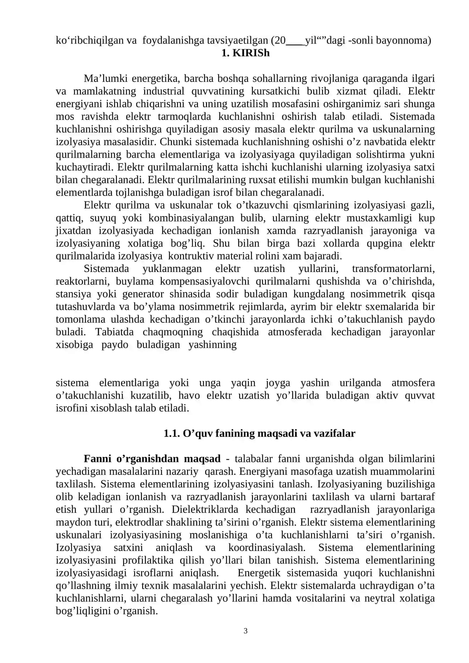 ELEKTR IZOLYATSIYASI VA KABEL TEXNIKASI FAN DASTURI 3