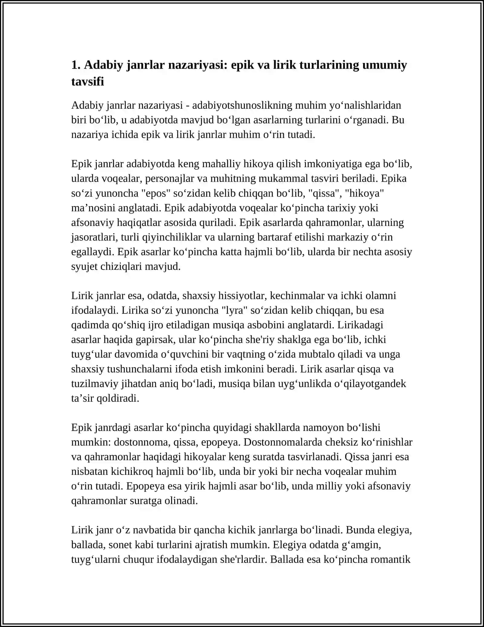 MUSTAQIL ISH - ADABIY JANRLAR NAZARIYASI. EPIK TUR. LIRIK JANRLAR NAZARIYASI 3