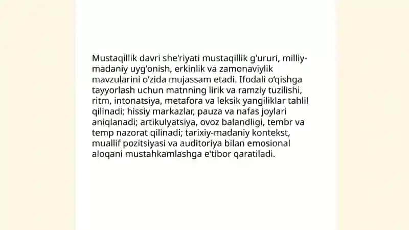 Mustaqillik davri oʻzbek she'riyati namunalarini ifodali oʻqish 3