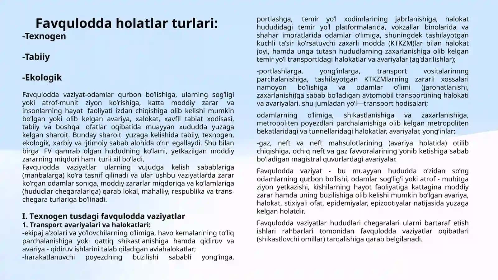 TАBIIY, TEXNOGEN, EKOLOGIK VA IJTIMOIY TUSDAGI FAVQULODDA VAZIYATLARDA HAYOT FAOLIYATI XAVFSIZLIGI VA FUQARO MUHOFAZASI 3