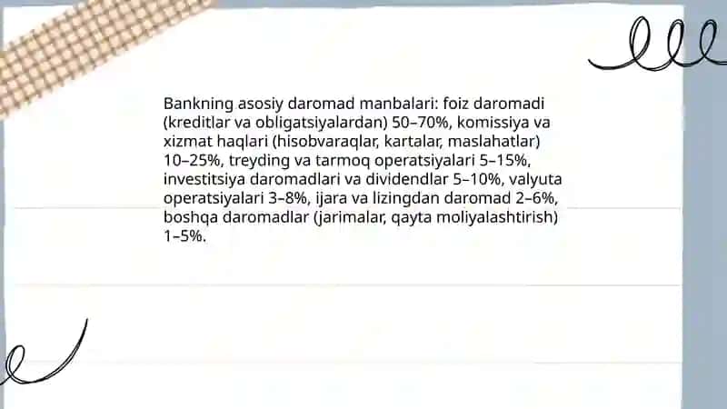 Bank daromadlari va daromadlarini olish 3