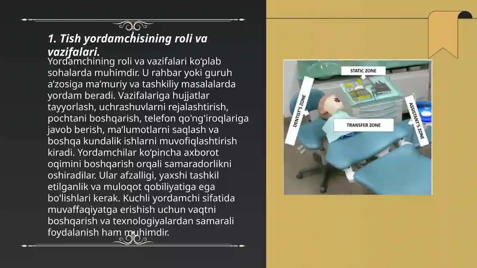 Toʻrt qoʻl bilan ishlash(asistent bilan). Tish yordamchisining ish joyi. Uning vazifalari 3