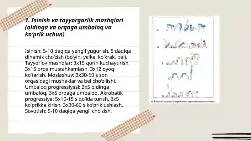 Akrobatik mashqlar(oldinga va orqaga umbaloq oshish,koʻprik turish) 3